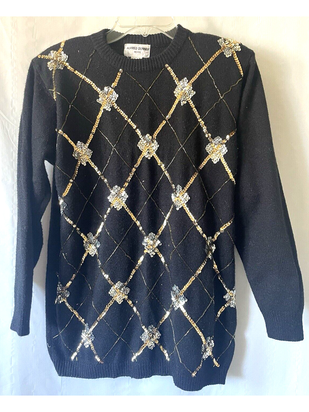 Alfredo Dunner Vtg Black Sweeter Gold Sliver Sequin Chunky Knit Crewneck Sz PM